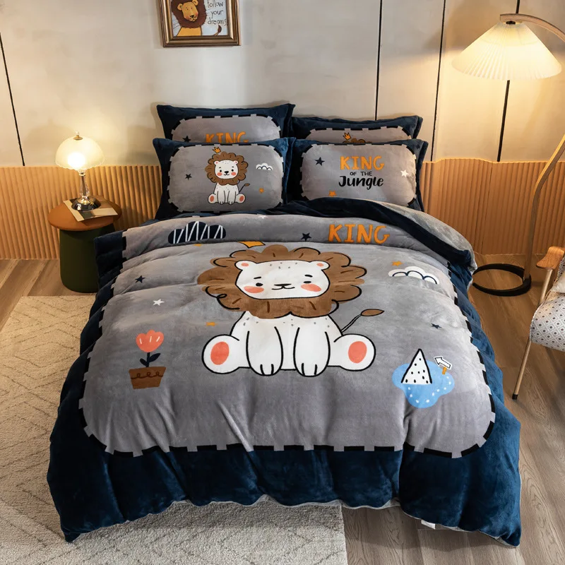 

XULE Falai Fleece Bedding Set Little Lion King Big Dinosaur Cartoon Printing Children's Bedroom 4-Piece Set Thick Bedding Set