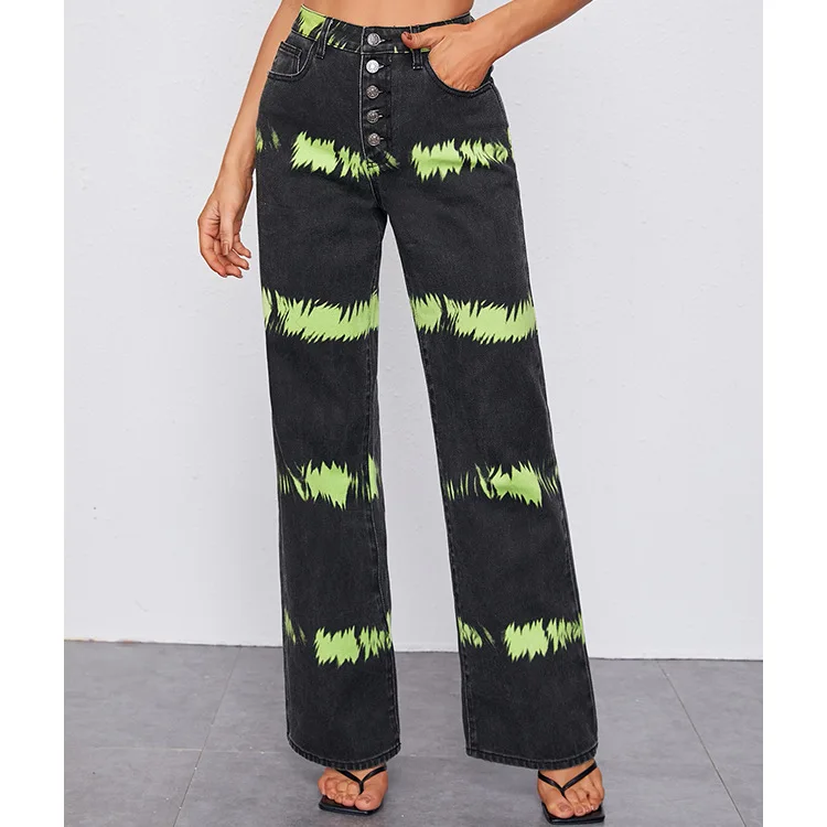 

Female Striped Printed Jeans High Waist Stylish Straight Trousers Spring Fall Wild Casual Daily Streetwear Wide Leg Pants