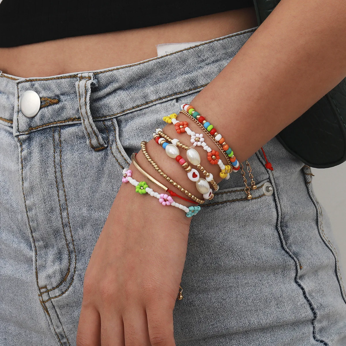 

Charm Boho Beaded Bracelet For Women Multi Layered Mixed Color Rice Metal Beads Flower Bracelet Set Fashion Beach Jewelry
