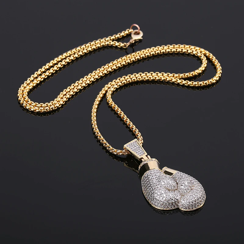 Bling боксерские перчатки кулон ожерелье и подвеска шарм Веревка Цепь золотой цвет Iced кубический циркон мужские хип-хоп ювелирные изделия