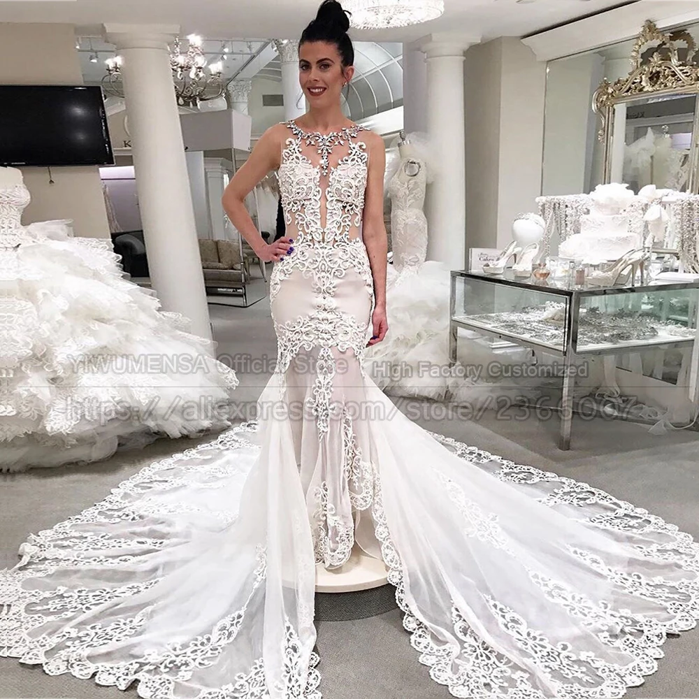 

Роскошное Свадебное платье с аппликацией и юбкой-годе 2020, сексуальное платье невесты из фатина с иллюзией на спине и рыбками, женское платье...