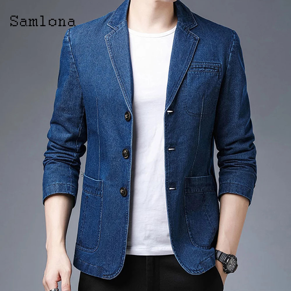 

Samlona 2021 New Eleagnt Leisure Casual Mens Denim Jackets Kpop Fashion Slim Fits Jean Denim Jacket Men Clothing Plus Size M-4XL