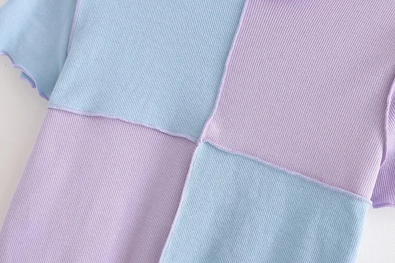 

Ruched Knitted Women'S T-Shirt Slim Casual O-Neck Short Sleeve Patchwork Contrast Harajuku Streetwear Y2K Tees Top 121529WTA