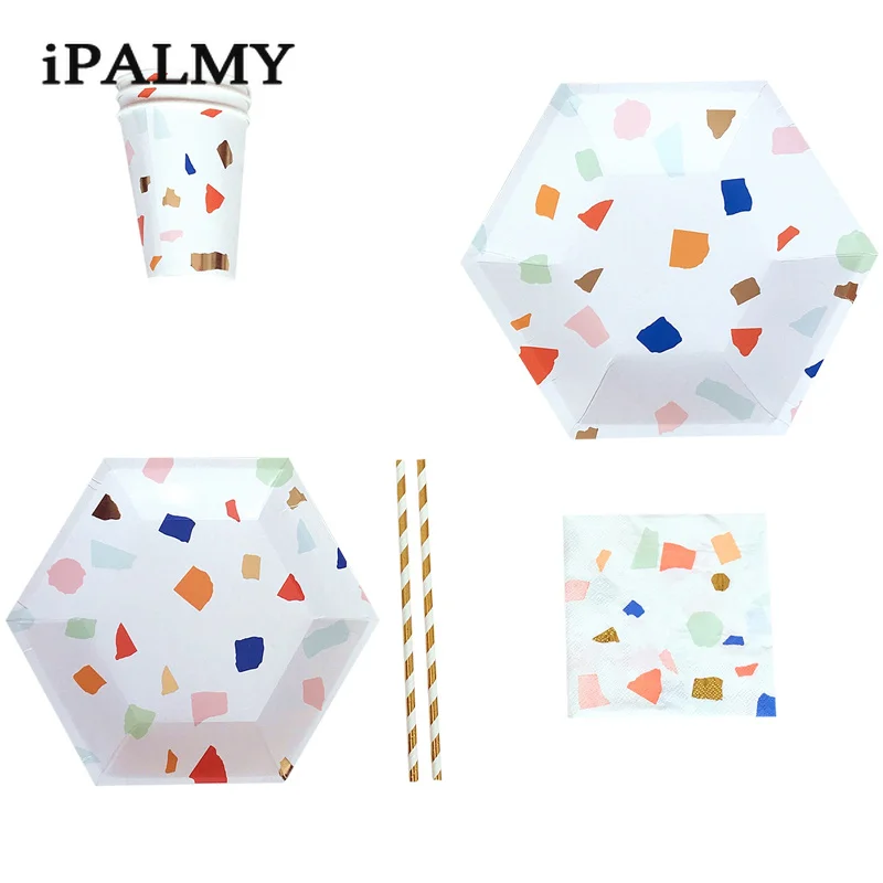 

ipalmay Colorful Irregular Geometric Panda Pattern Hexagon Paper Plates Cups Napkins Straws Disposable Paper Tableware for Party