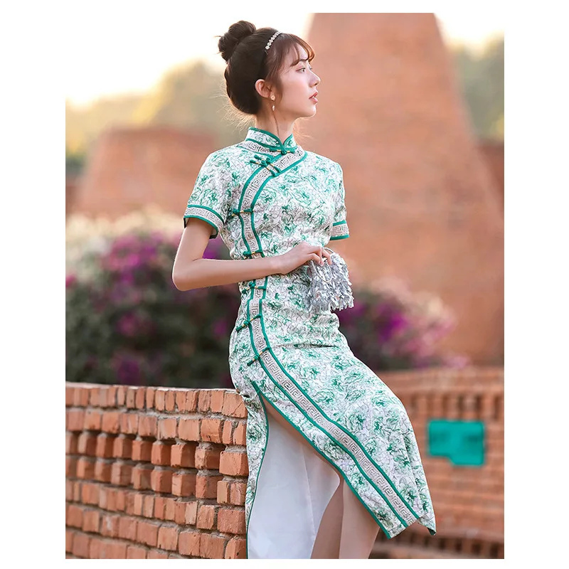 

Green Sweet Flower Print Long Cheongsam Women Elegant Mandarin Collar Classic Chinese Dress Short Sleeve Slim Novelty Qipao