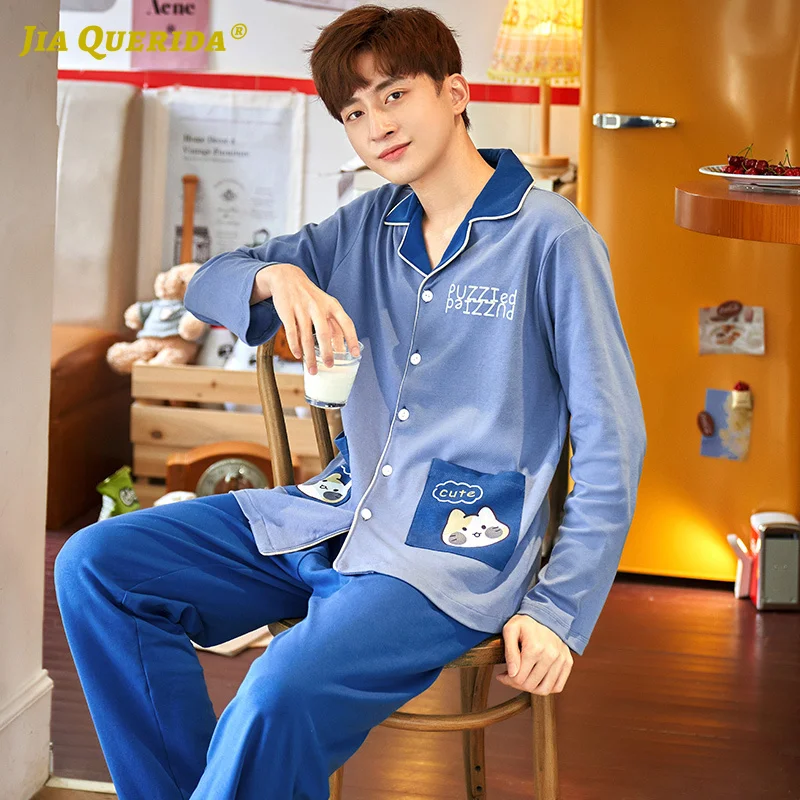 

Set Pj Set Front Pocket Man Clothes Turn Down Collar Blue Long Sleeve Long Pants Sleepwear Fashion Style Casual Style Pajamas