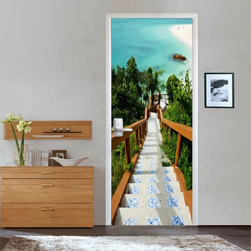 3D PVC Self Adhesive Waterproof Door Sticker Aegean Sea Stairs Photo Wallpaper Living Room Bedroom Home Decor Wall Paper | Дом и сад