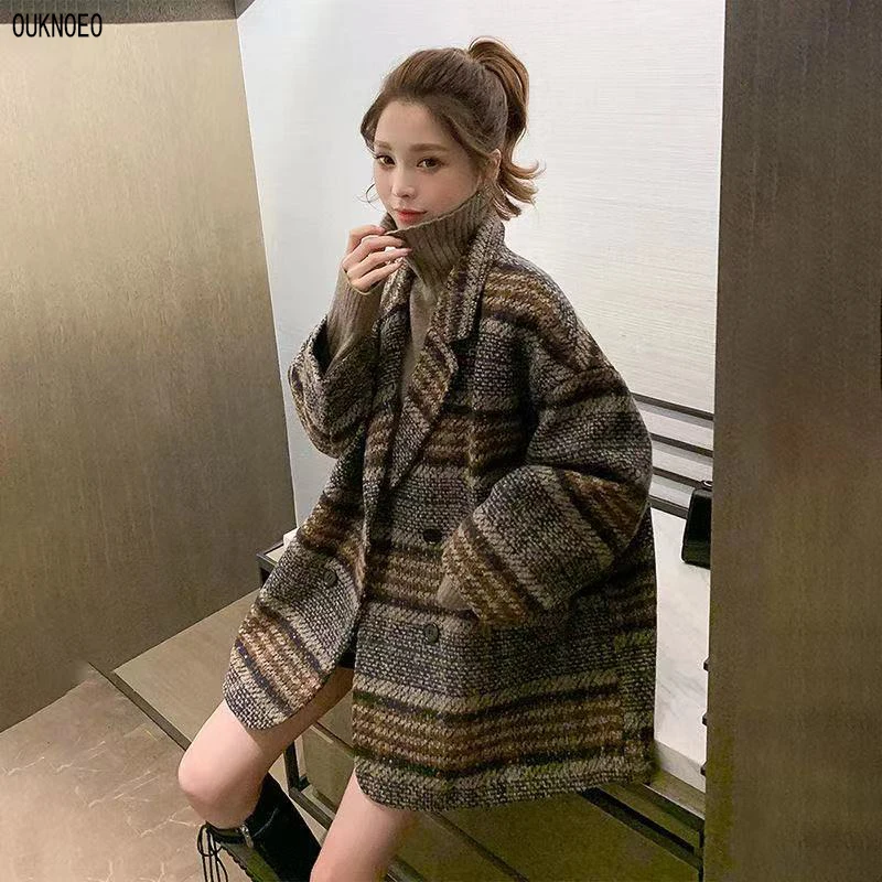 

Woman Coat Loose Plaid Striped Woolen Coat Korean Preppy Style Streetwear Commuter 2021 Fashion Winter Warmth Women Thick Coat