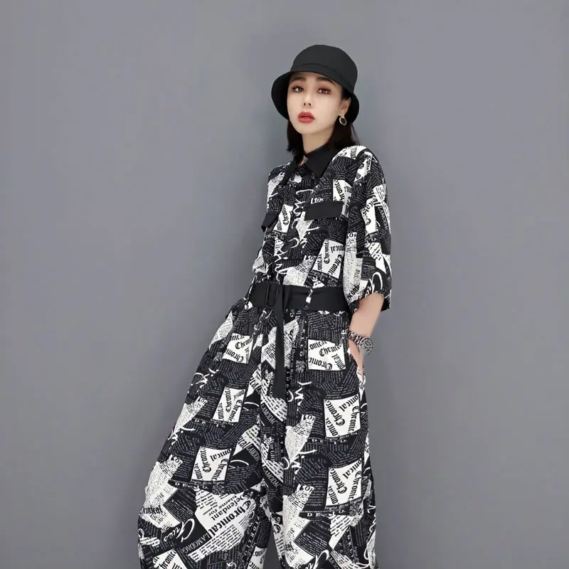 

XITAO Contrast Color Print Jumpsuits Bandage Splicing Fashion Loose Summer New Casual Turn-down Collar Three Sleeve CLL1255