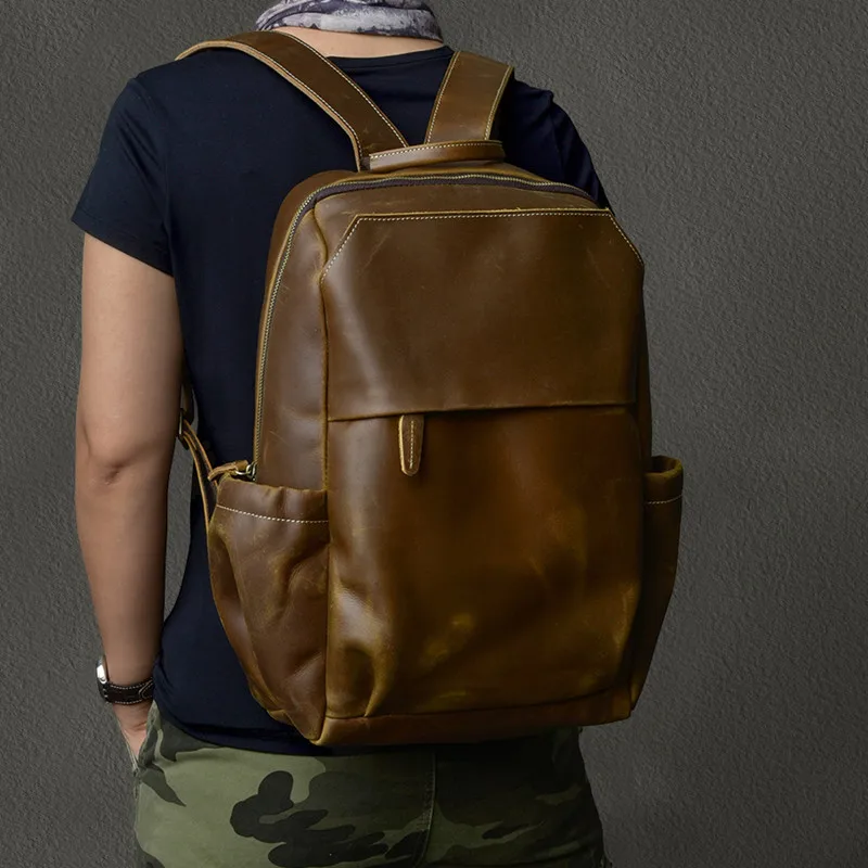

New Retro Crazy Horse Leather Men's Backpack Leather Backpackage School Bag Travel Laptop Bags