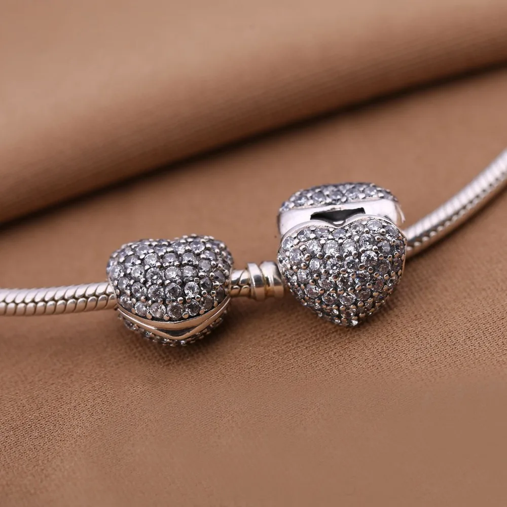 

Genuine 925 Sterling Silver Sparkling Heart Clip Charm Fit Original pan Beads Bracelet & Necklace Women Fine Jewelry