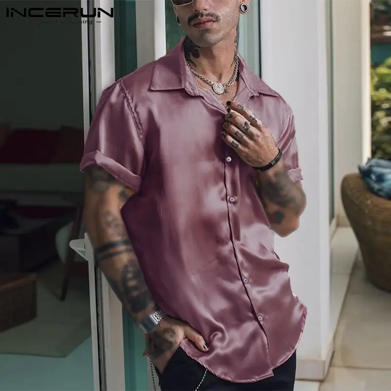 INCERUN 2022 Fashion Men Shirt Solid Color Lapel Short Sleeve Gloss Streetwear Party Casual Men Clothing Summer Leisure Camisas