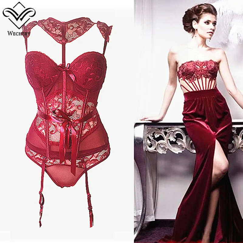Женский красный корсет Wechery сексуальный кружевной сетчатый топы пуш-ап Черные