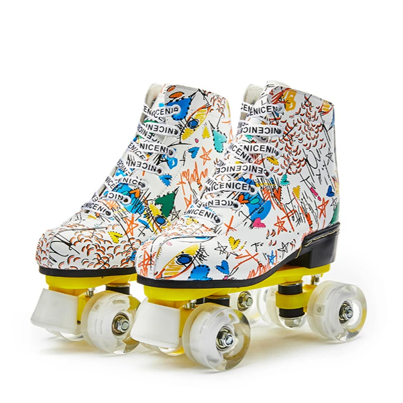 

2021 Women Men 8 Choices PU Leather Roller Skates Skating Shoes Sliding Quad Sneakers Outdoor Beginner 2 Row Adult Pink 4 Wheels