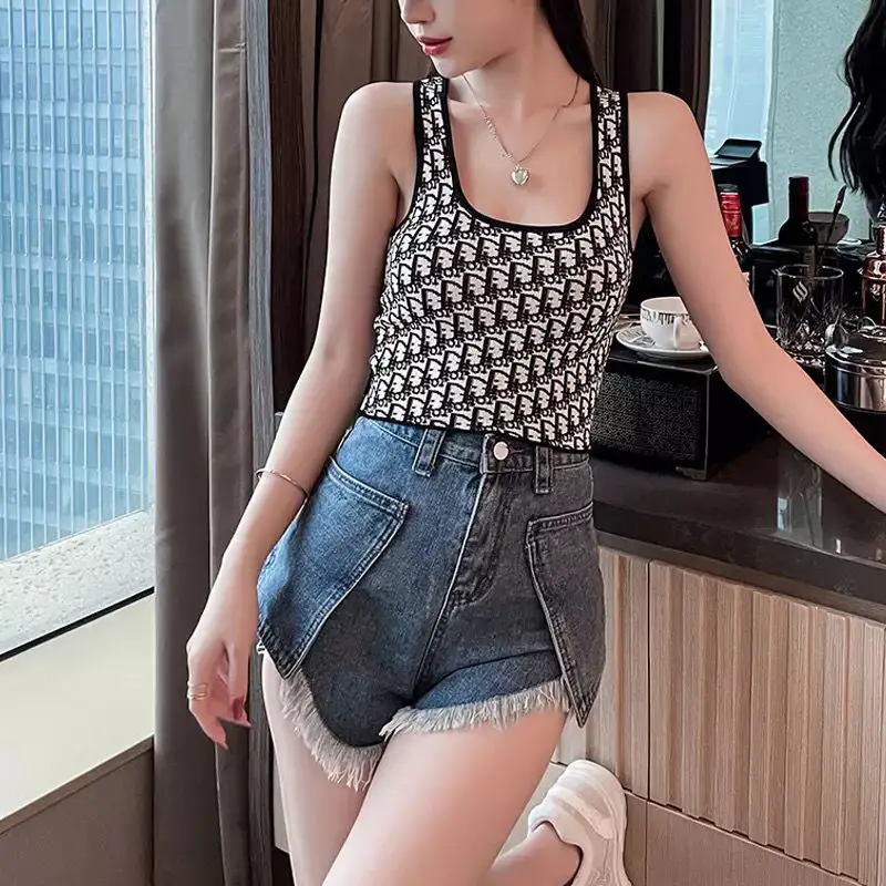 

Short Letters Printed Camisole Women 's Classic All -Matching Fashion U-Neck Bottoming Skinny Midriff- Baring Top Summer