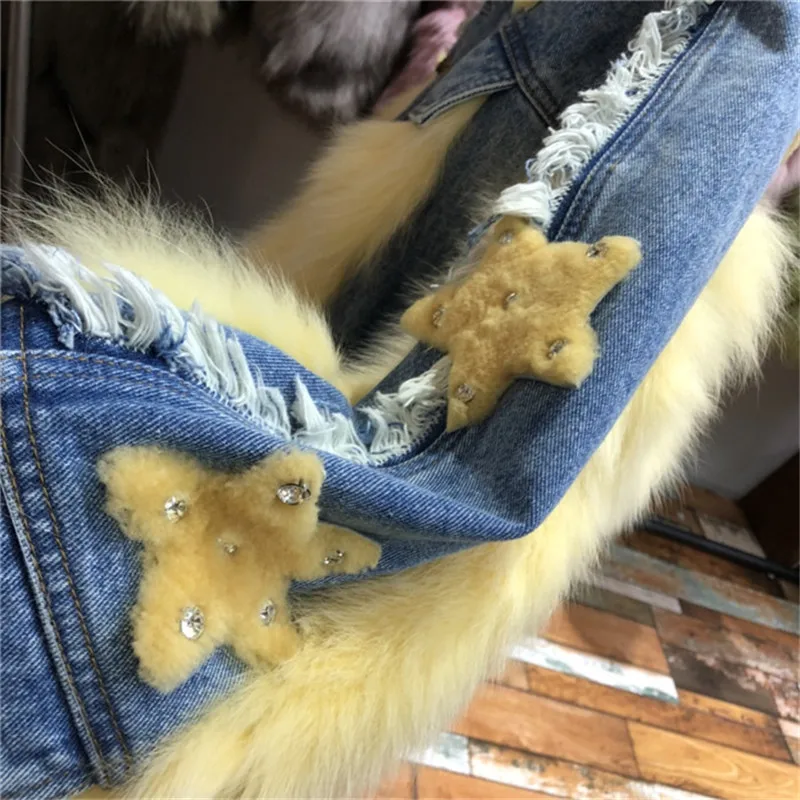 Brand design stars pattern denim parka women winter real natural fox fur coat plus cotton Jeans Jacket with Real Fur enlarge