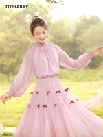 tiyihailey free shipping 2022 boshow white pink shirts for women long lantern sleeve chiffon blouses tops spring and autumn
