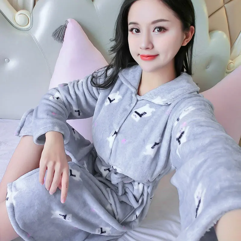 Зимний женский халат милый теплый Дамский Повседневный фланелевый кимоно