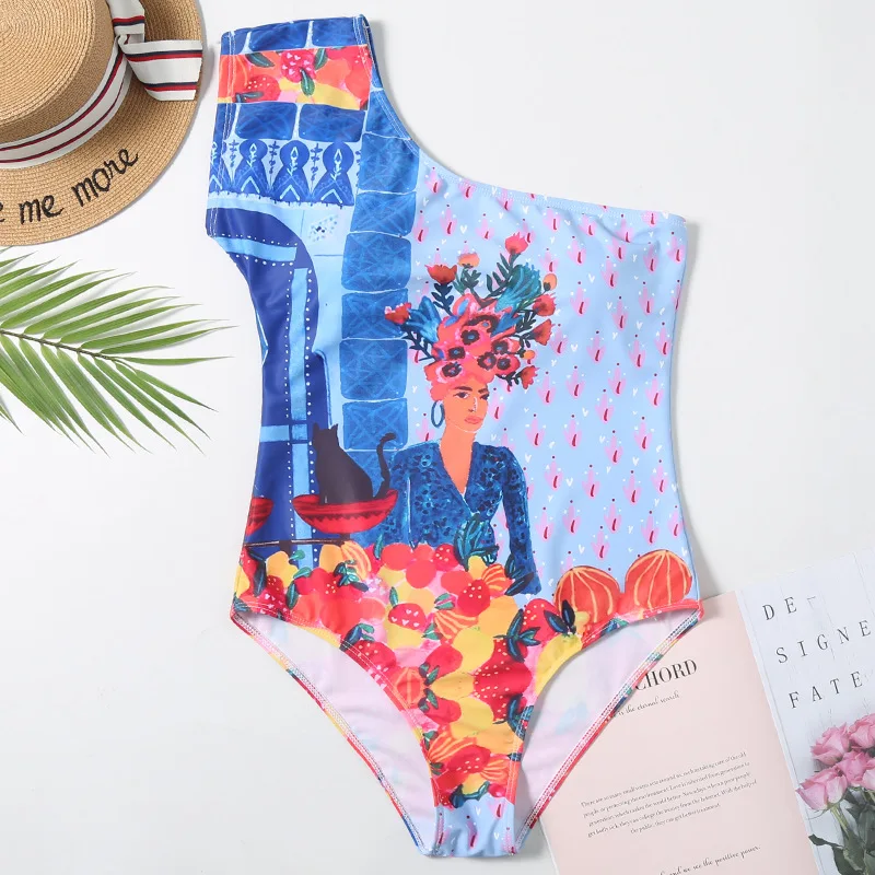 Купальный костюм на одно плечо Женский цельный купальник для женщин бандажный