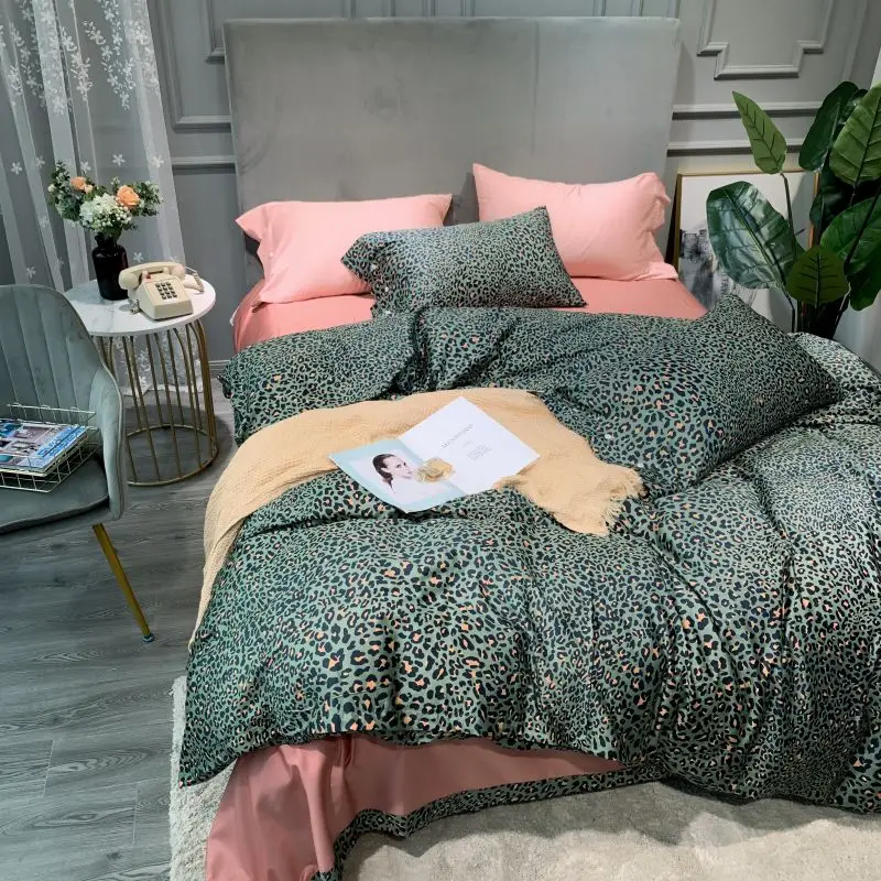 

Green Tropical Leaves Duvet Cover Set Egyptian Cotton Leopard print Bedding Set Bed Sheet Comforter Cover Queen King size 4Pcs