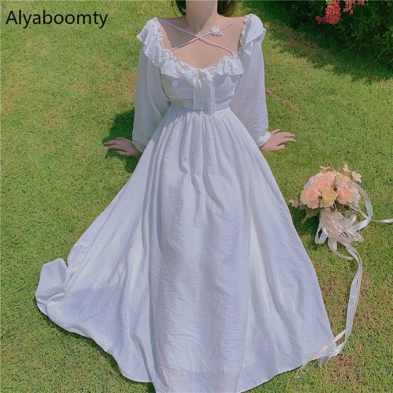 

Long-Sleeved Long Elegant Butterfly Princess Cross Bow Party Square Dress Women Dress Feminine White Fairy Collar Dress Autumn W