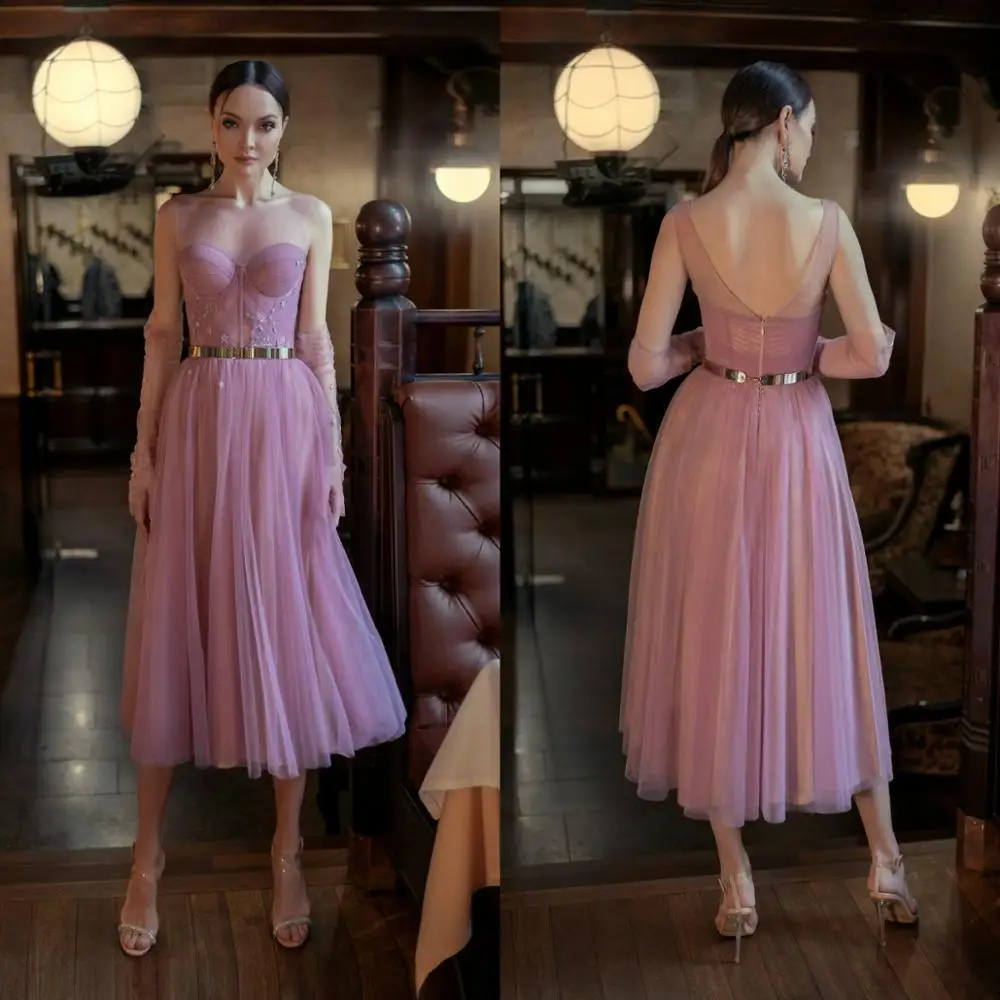 

Purple Evening Dresses Tea Length Jewel Neck A Line Lace Appliqued Party Dress Detachable Gloves Receiption Gowns
