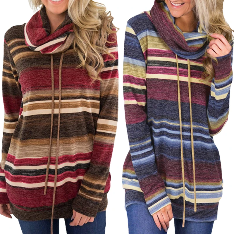 

Raglan Long Sleeve Striped Sweatshirt Turtleneck Patchwork Hoodie Women Drawstring Polerones 2021 Elegant Slim Fit Hoodie Tunic
