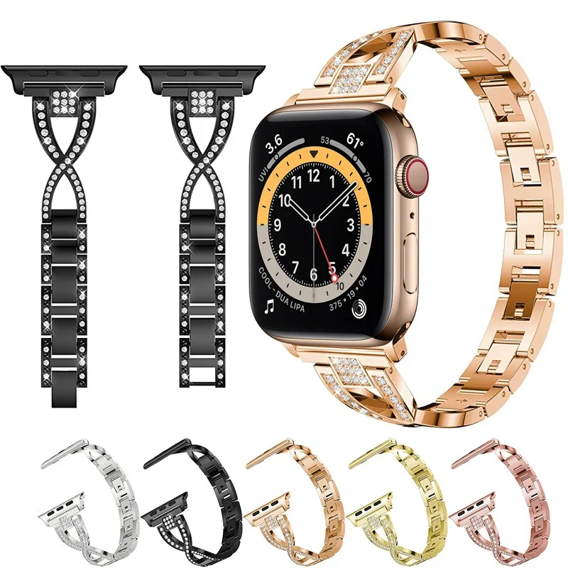 

Women Diamond Strap For Apple Watch 7 Band 44/40mm 41mm/45mm Stainless Steel Bracelet For Iwatch Series 6 SE 5 4 3 2 Watchbands