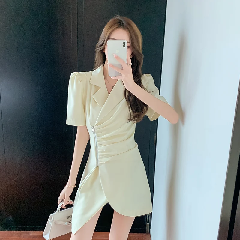 

Han edition dress summer new cultivate one's morality show thin v-neck zipper waist French small suit dress female