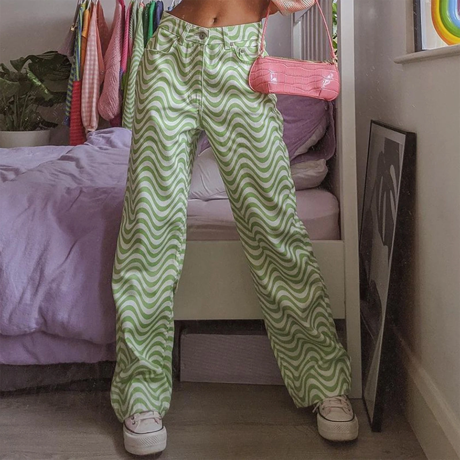 

Ripple Print Wide Leg Pants Women Y2k High Waist Jeans Loose Streetwear Aesthetic 2021 Summer Clothes Bottoms E Girl Trousers