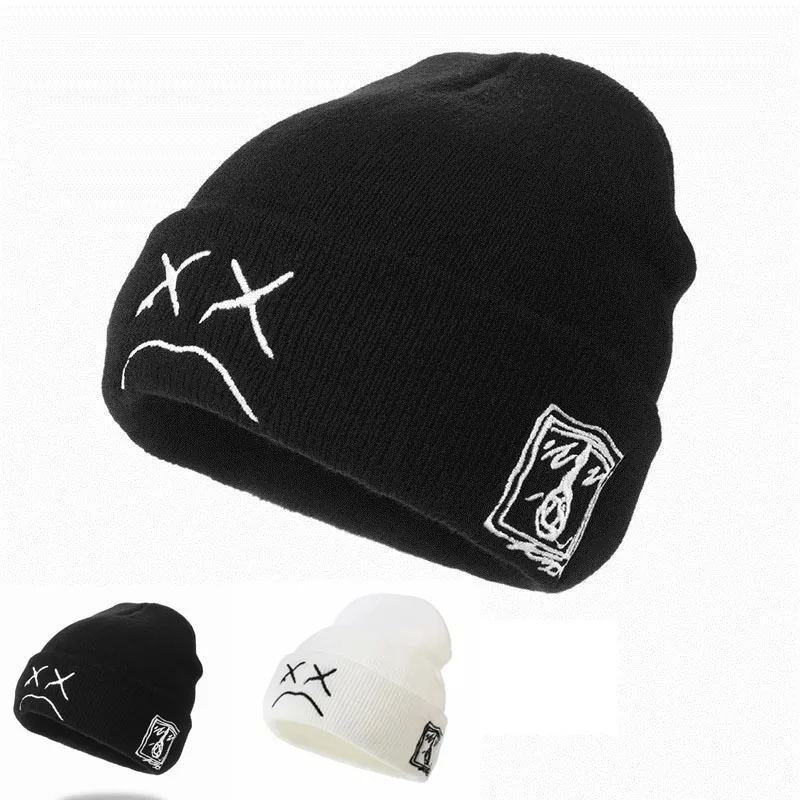 

Sad Face Beanies Caps Kpop Hat Fall Winter Hats For Women Men Embroidery Black White Cotton Bonnets For Girls Skullies Cold Caps