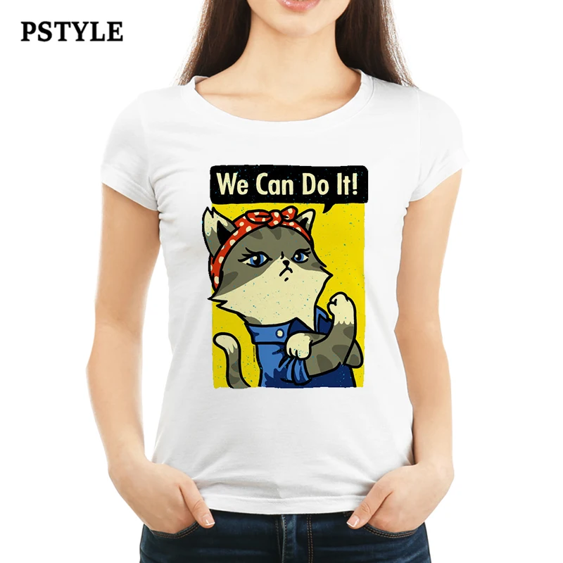Женские футболки с рисунком кота надписью We Can Do It Harajuku модная футболка для