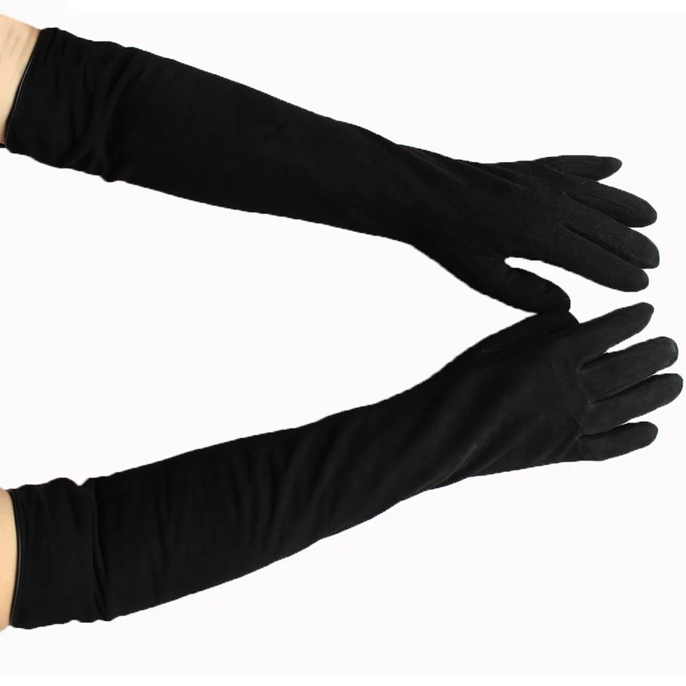 

New Women's Long Suede Leather Gloves Black Straight Velvet Lining Outdoor Cold And Warm Leather Gloves