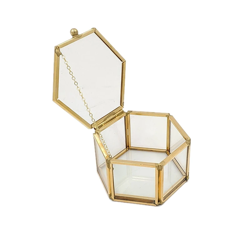 

Hexagon Transparent Glass Jewelry Box Wedding Ring Box Geometric Clear Glass Jewelry Organizer Holder Tabletop Containe