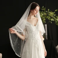 v650 white plain beaded short veil women church vintage sex mixed pearl cathedral lace bridal wedding veil for bride