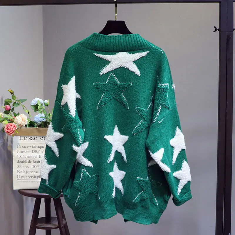 Autumn Sweater Women 2019 Loose Embroidery Stitching Stars in the Long Section Plus size Spring Knitting Female Cardigan SS533 |