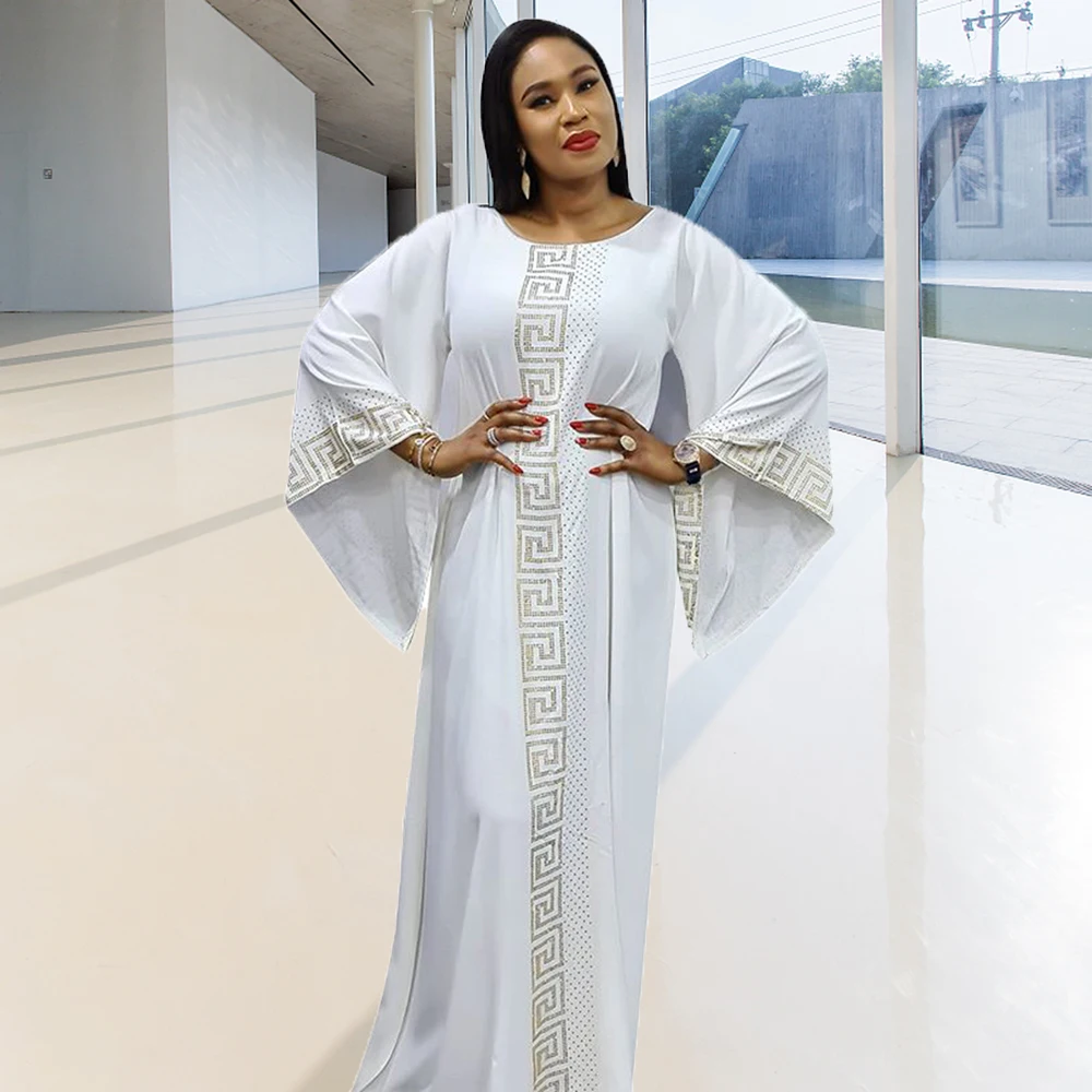 

2021 New Arrival Africa Maxi Dresses Women Embellished with Yellow Crystal Stones Bat Sleeve Round Neck Vestidos Robe