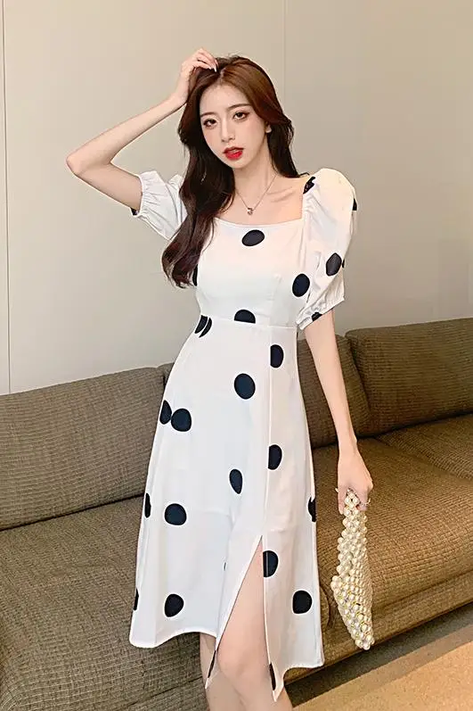 

COIGARSAM Vintage Polka Dot Women Long dress New Summer Puff Sleeve Square Collar High Waist Dresses White 6419