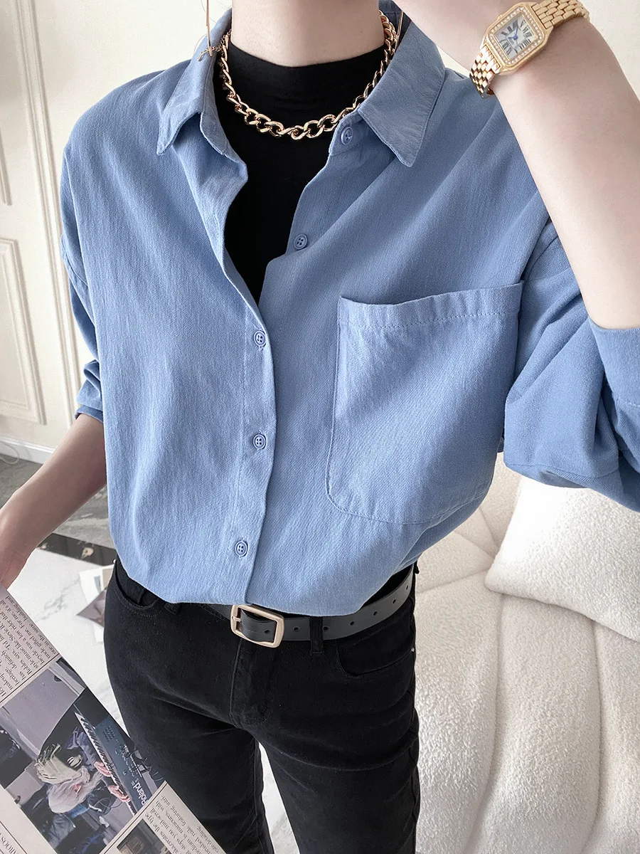

Women Cotton Blouse Denim 100% Cotton Female Shirt 2021 Autumn Winter Korean OL Loose Outerwear New Arrive