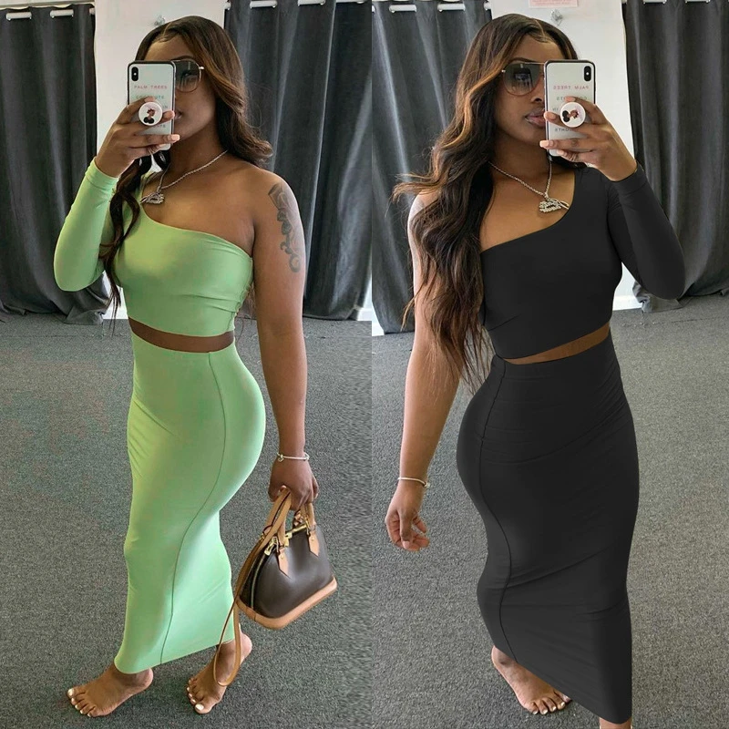 

2021 Women Two Piece Set Solid Color Crop Top Long Sleeve One Shoulder Elegant Midi Skirt Bodycon Sexy Nightclub Party Streetwea