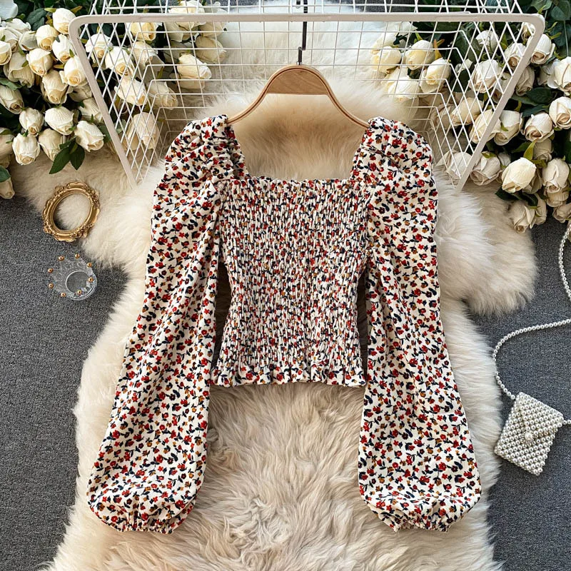 

Fashion Ladies 2021 New Spring Summer Print Square Collar Long Puff Sleeve Street Style Chic Floral Women's Dress