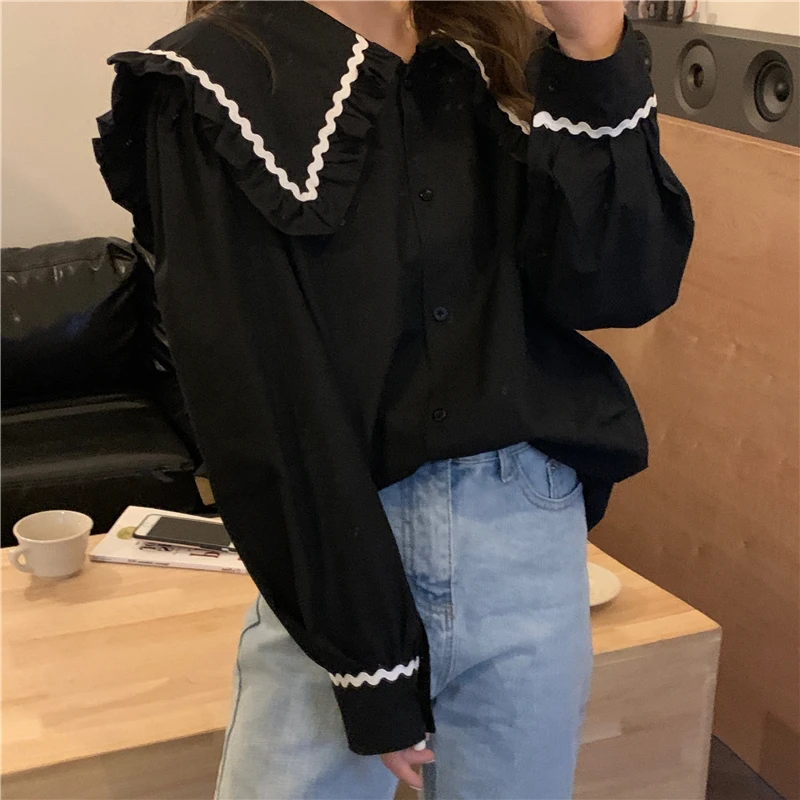 

Spring Autumn Korea 2021 New Hong Kong Style Hit Color Doll Collar Fashion Mid-Length Versatile Long-Sleeved Shirt Female 9639
