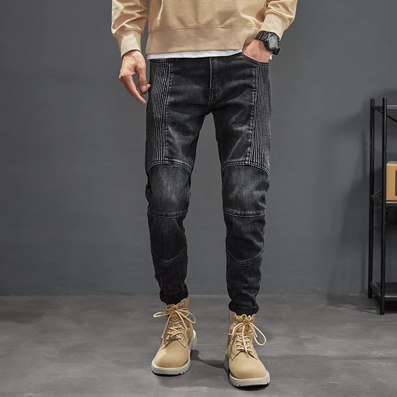 Newly Street Style Fashion Men Jeans Retro Blue Elastic Slim Fit Spliced Designer Biker Jeans Men Hip Hop Denim Punk Pants Homme