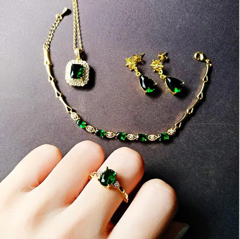 Ювелирные наборы зеленый турмалины с покрытыем цвета чистого 24 каратного золота