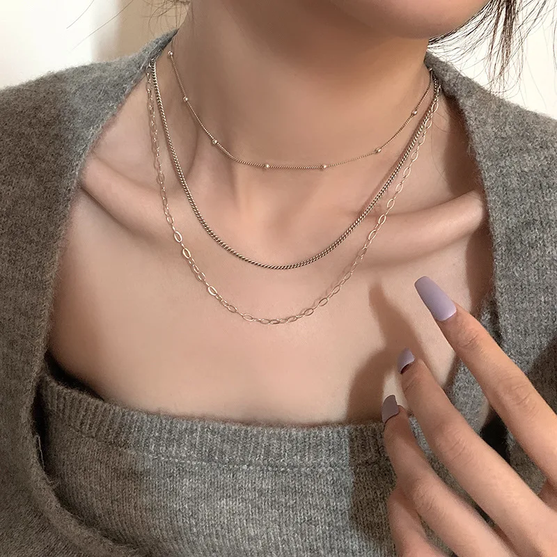 

MEYRROYU Sterling Silver Hiah Quality Three-layer Necklace Female Asymmetric Hollow Round Bead Chain Charm Jewelry Party Gifts