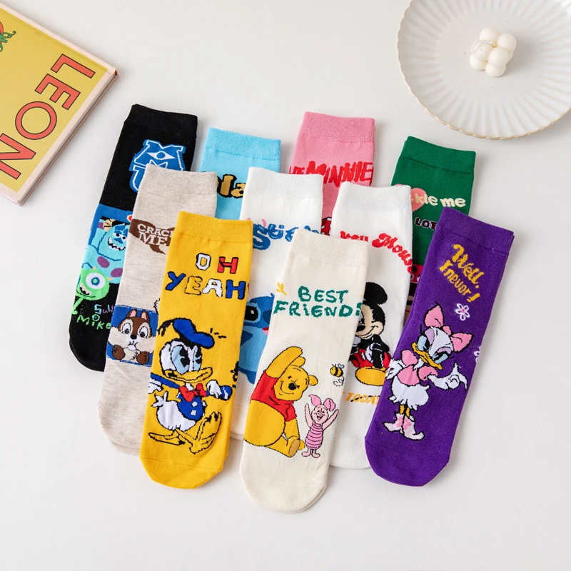 3 Pairs Casual Korea Women socks Cute Kawaii long socks Cartoon Mickey Minnie Donald Winnie Cotton socks girl socks Size 35-42