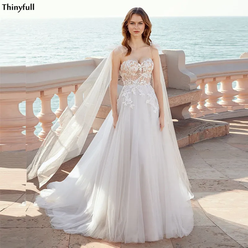 

Thinyfull 2021 Boho Свадебные платья кружевная Иллюзия аппликации пляжное ТРАПЕЦИЕВИДНОЕ платье невесты на тонких бретельках кантри Vestidos De Novia