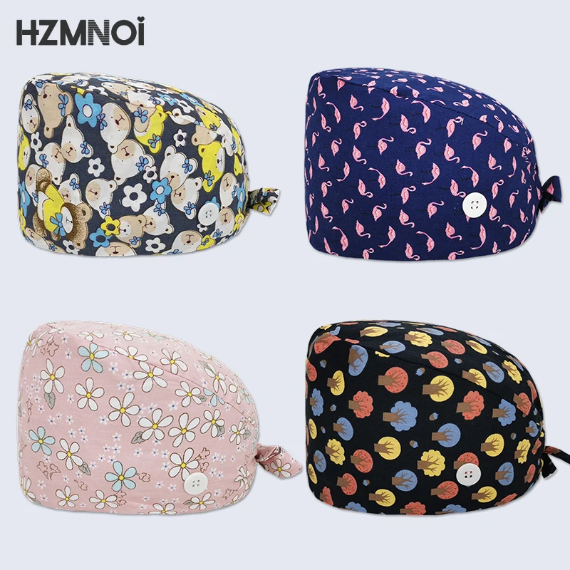 

Cartoon Printing High Quality Surgical Caps Woman Dentist Working Cap Beauty Salon Scrubs Cap Nurse Hat Pet Shop Scrub Hat