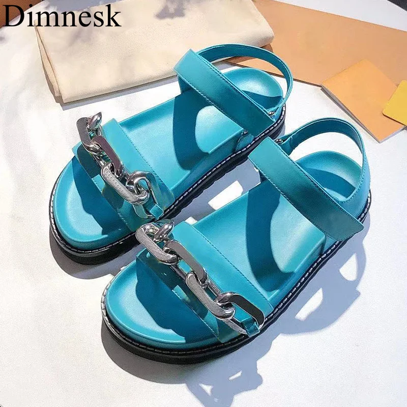 

2021 Summer Flat Platform Sandals Women Thick Sole Metal Chain Decor Magic Tape Rome Sandalias Female Outside Holiday Shoes