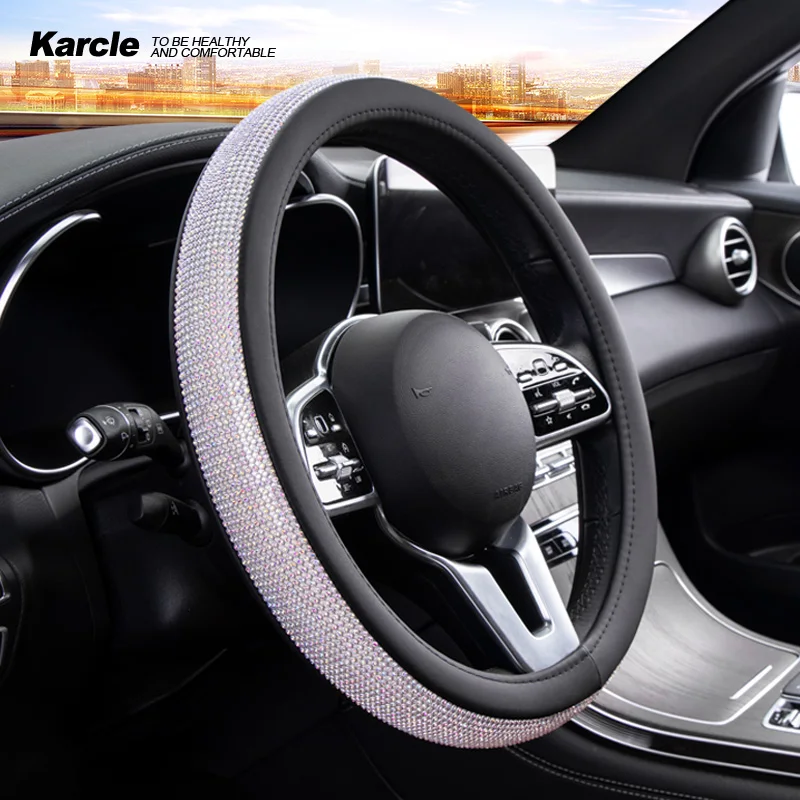 

Karcle Diamond Leather Steering Wheel Cover Protector for Women Girls Shiny Rhinestones Crystal Steering Cover 15 Inch Universal